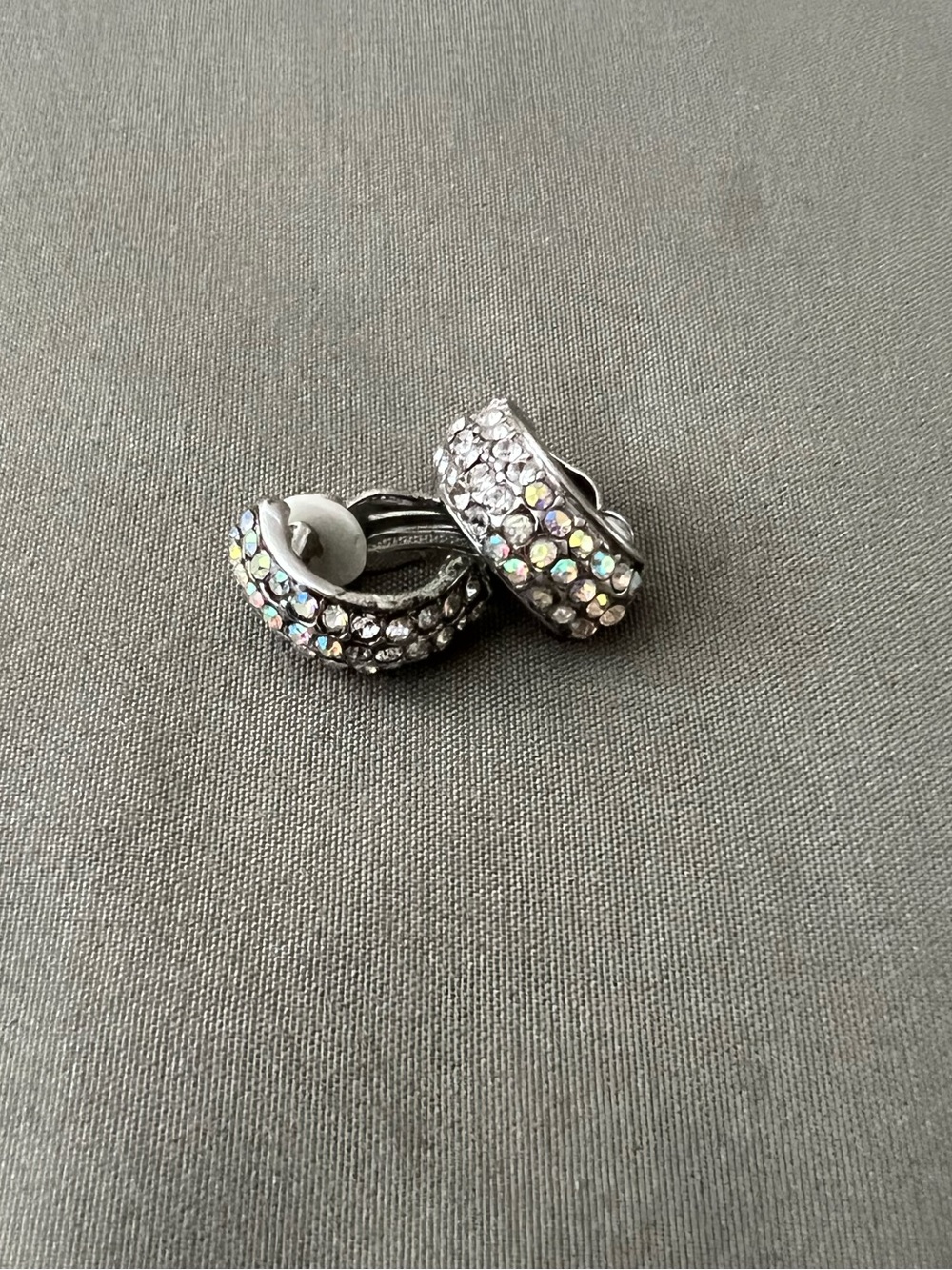 Rhinestone Huggie Hoop Earrings - Silver with Iridescent Crystals